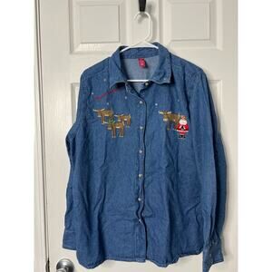 Embroidered Christmas Denim Button Down Causal Holiday Shirt Sz: XL